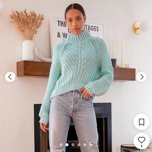 Free People Turquoise Chunky Knit Mock Neck Sweater